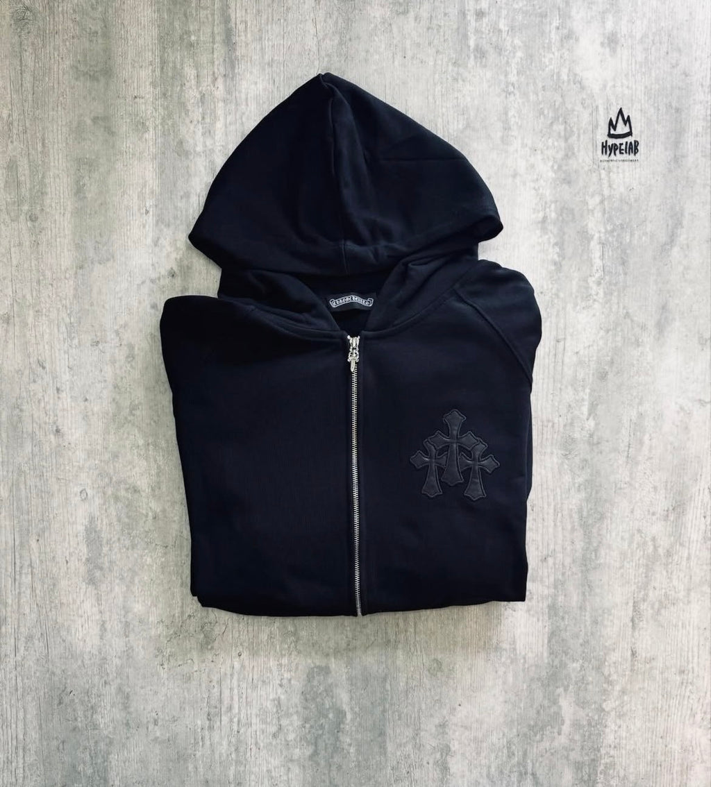CHROME HEARTS LEATHER PATCH - ZIP UP HOODIE “BLACK”